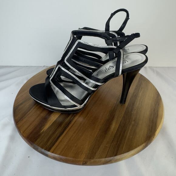 Velvet Heart Lace Toe Pointed Cone Shape Heels Black Silver Up Sz 9.5 - Picture 1 of 9